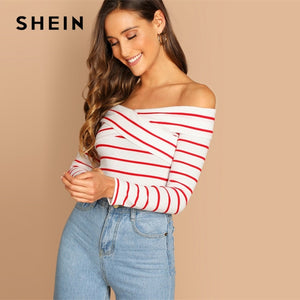 SHEIN Going Out Multicolor Elegant Cross Wrap Off the Shoulder Striped Pullovers Tee Autumn Women Casual Women Tshirt Top