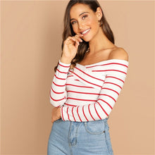 Load image into Gallery viewer, SHEIN Going Out Multicolor Elegant Cross Wrap Off the Shoulder Striped Pullovers Tee Autumn Women Casual Women Tshirt Top