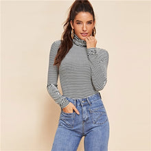 Load image into Gallery viewer, SHEIN Black and White Weekend Casual High Neck Striped Slim Fit Tee Long Sleeve Tee 2018 Autumn Moreden Lady Women Tshirt Top
