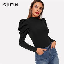 Load image into Gallery viewer, SHEIN Highstreet Black Mock Neck Leg-of-mutton Sleeve Stand Collar Tee 2019 Spring Casual Women Modern Lady Tshirt Top