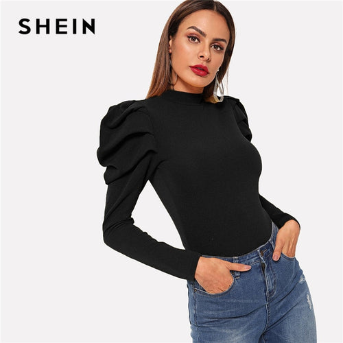 SHEIN Highstreet Black Mock Neck Leg-of-mutton Sleeve Stand Collar Tee 2019 Spring Casual Women Modern Lady Tshirt Top