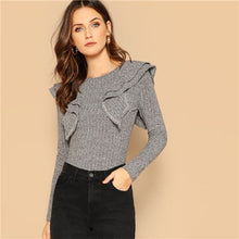 Load image into Gallery viewer, SHEIN Ruffle Trim Form Fitted Marled Stretchy Plain Tee Slim Fit T Shirt Casual Long Sleeve Round Neck Women Plain Tshirt Tops