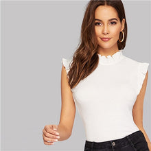 Load image into Gallery viewer, SHEIN White Frilled Trim Keyhole Back Slim Fitted Tee Sleeveless T-shirt Women Summer Elegant Solid Stand Collar Tshirt Tops
