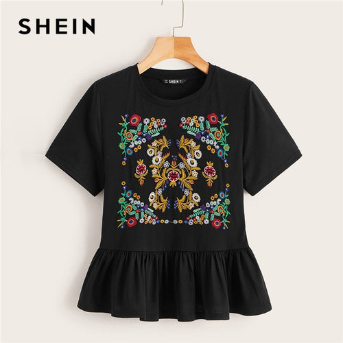 SHEIN Boho Cute Black Botanical Embroidered Flounce Hem Top T Shirt Women Summer Round Neck Short Sleeve 2019 Basics Tshirt Tops