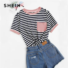 Load image into Gallery viewer, SHEIN Casual Pocket Patched Striped Ranger T Shirt Women Tops Summer Preppy Regular Short Sleeve Round Neck Ladies Tshirt