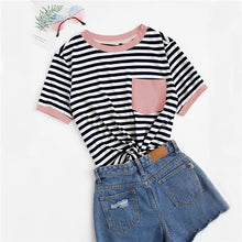 Load image into Gallery viewer, SHEIN Casual Pocket Patched Striped Ranger T Shirt Women Tops Summer Preppy Regular Short Sleeve Round Neck Ladies Tshirt